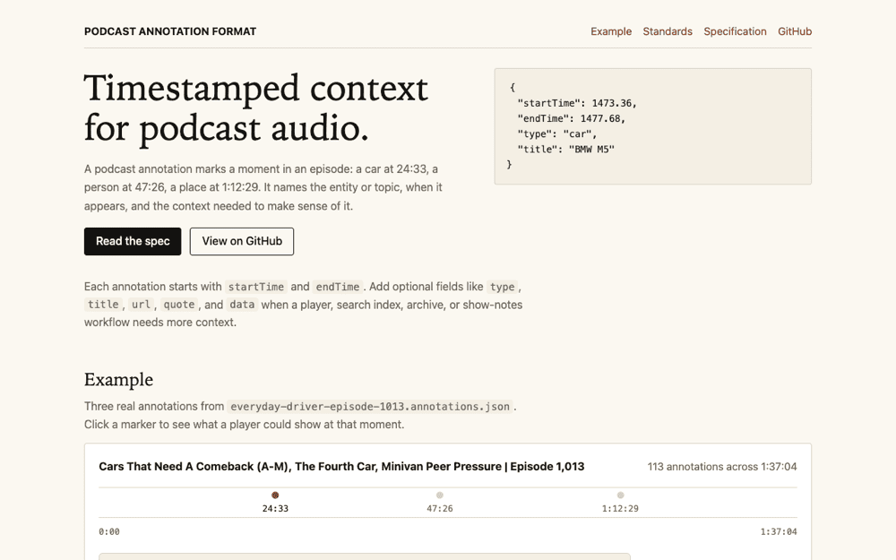 Podcast Annotation Format specification for timestamped audio